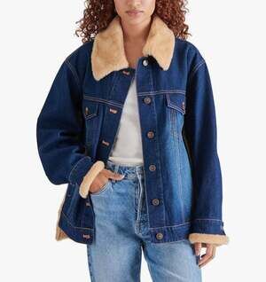 Steve Madden Winona Denim & Faux Fur Jacket, Dark Indigo, Size S, NWT